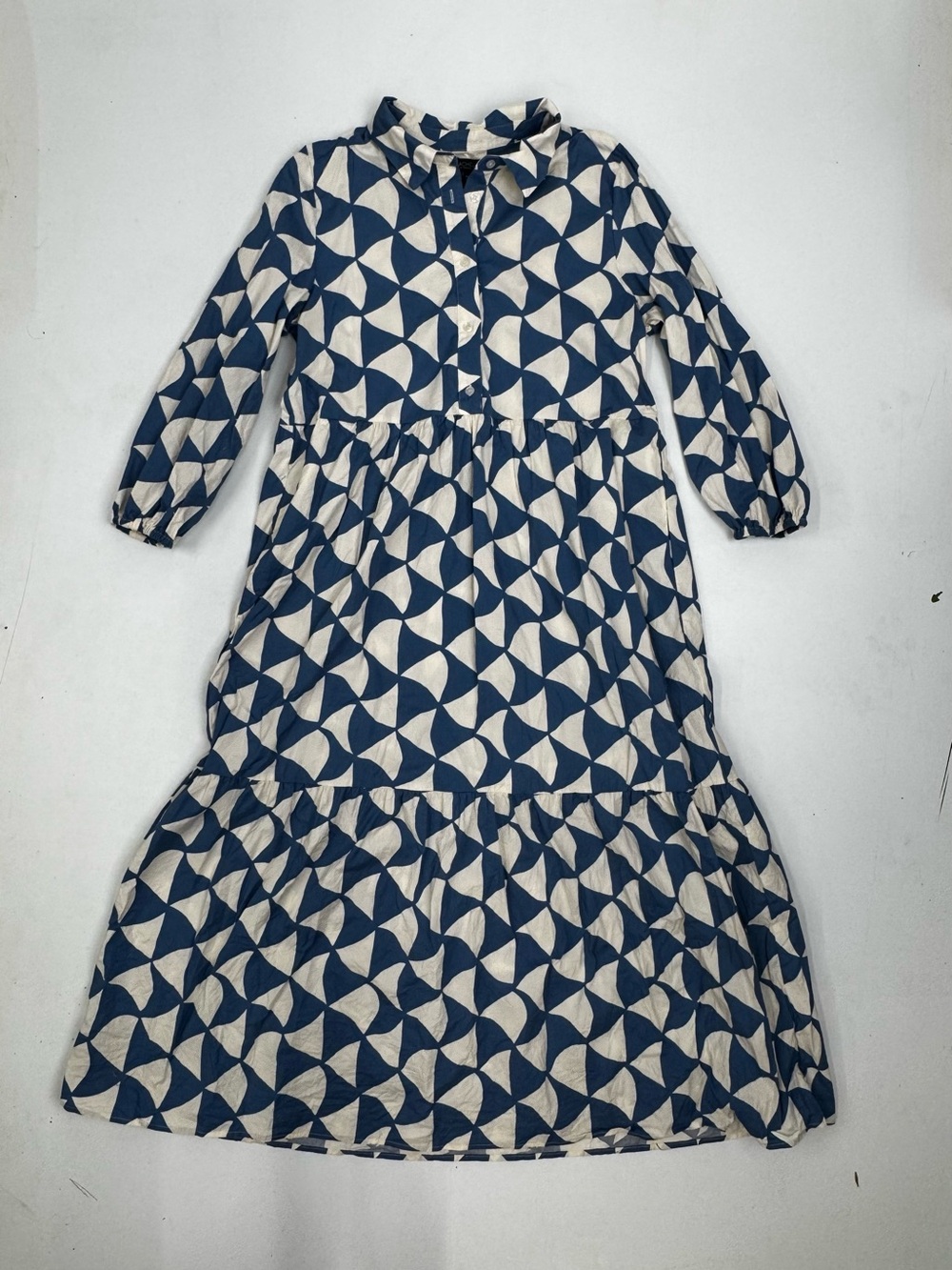 Rachel Zoe Blue and White Geometric Tiered Maxi Shirt Dress Long Sleeve Sz L